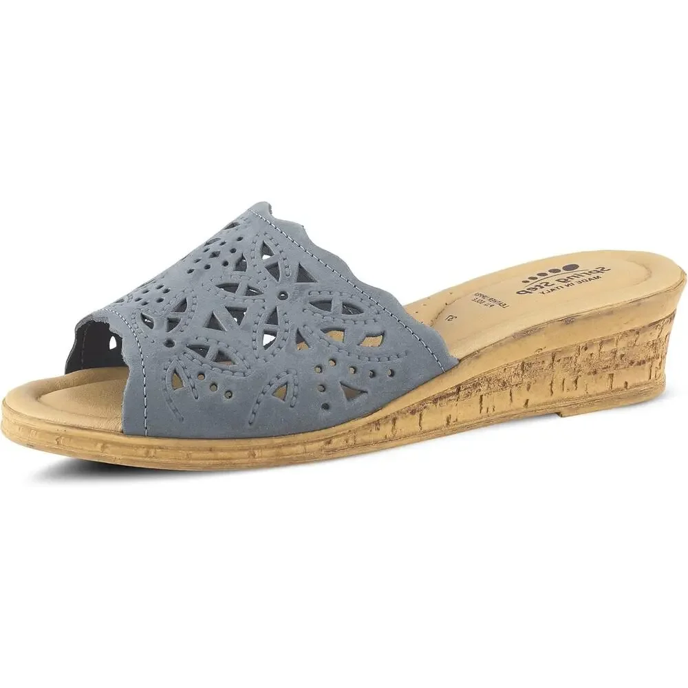 SPRING STEP New $69 Estella Blue Leather Cutwork Italian Wedge Sandal Sz 38 - Picture 1 of 6